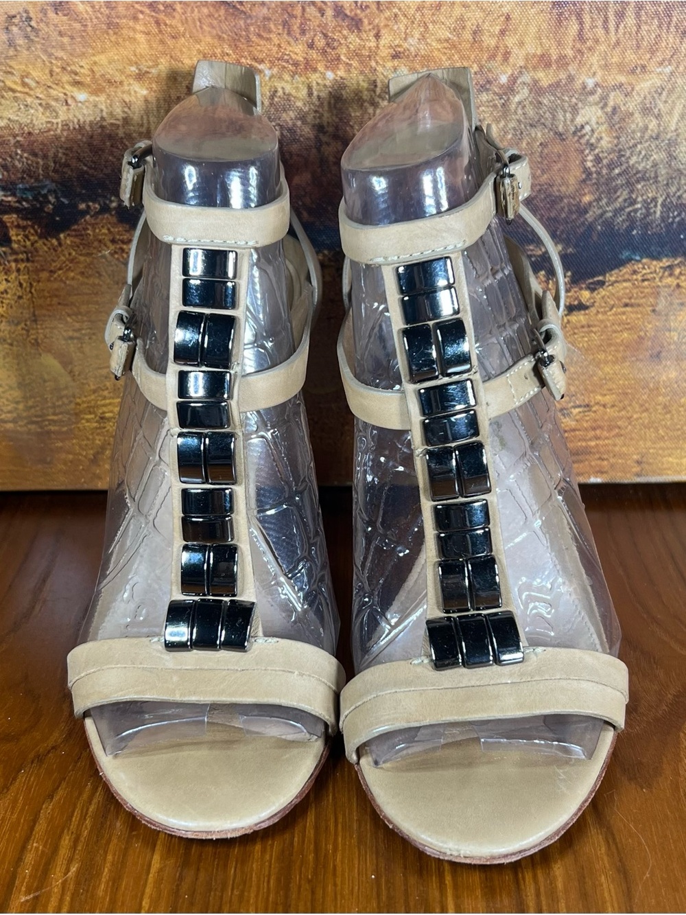 L.A.M.B. Gwen Stefani Karoline Studded T-Strap Heeled Sandals Tan Nude Size 8